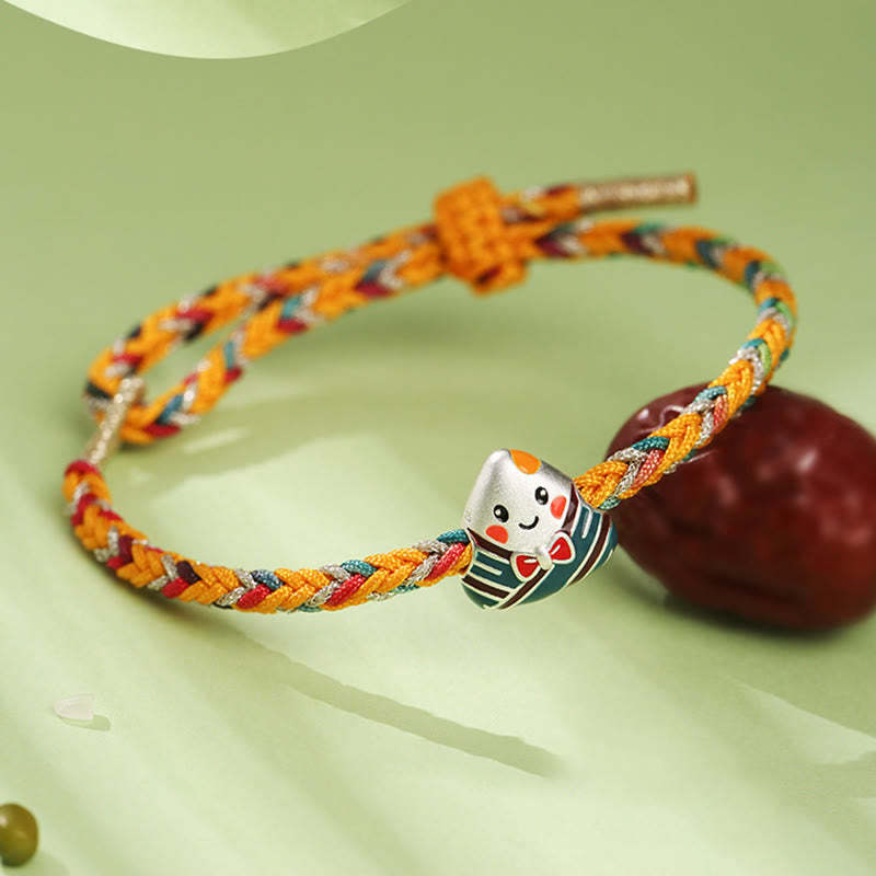 925 Sterling Silver Dragon Boat Festival Zongzi Pattern Luck Handmade Multicolored Rope Child Adult Bracelet