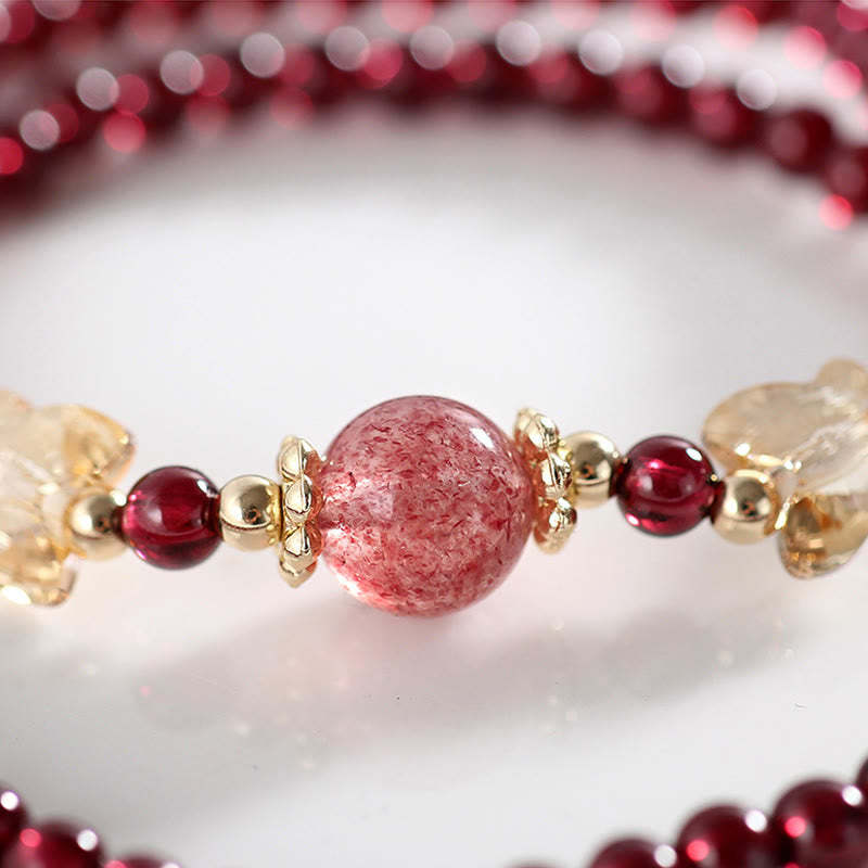 14K Gold Plated Natural Garnet Strawberry Quartz Butterfly Protection Double Wrap Bracelet