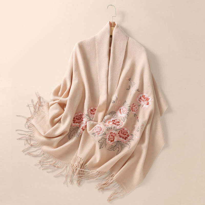 Wool Shawl Red Peony Embroidery Tassel Winter Cozy Travel Scarf Wrap