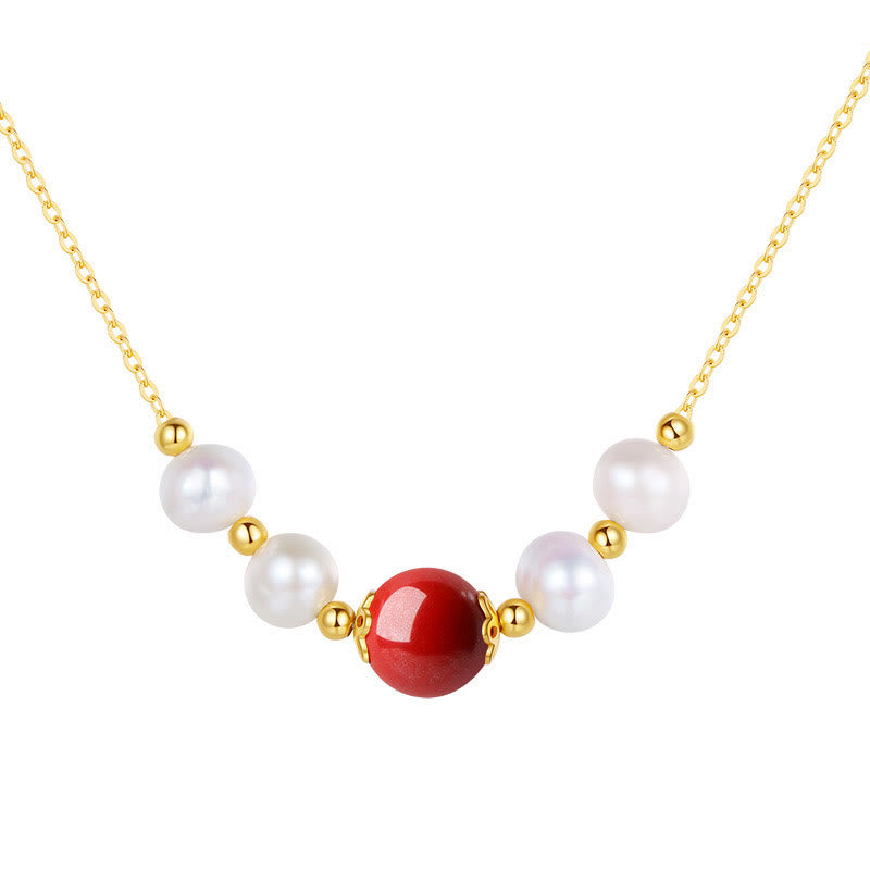 925 Sterling Silver Pearl Cinnabar Sincerity Healing Bead Chain Necklace Pendant