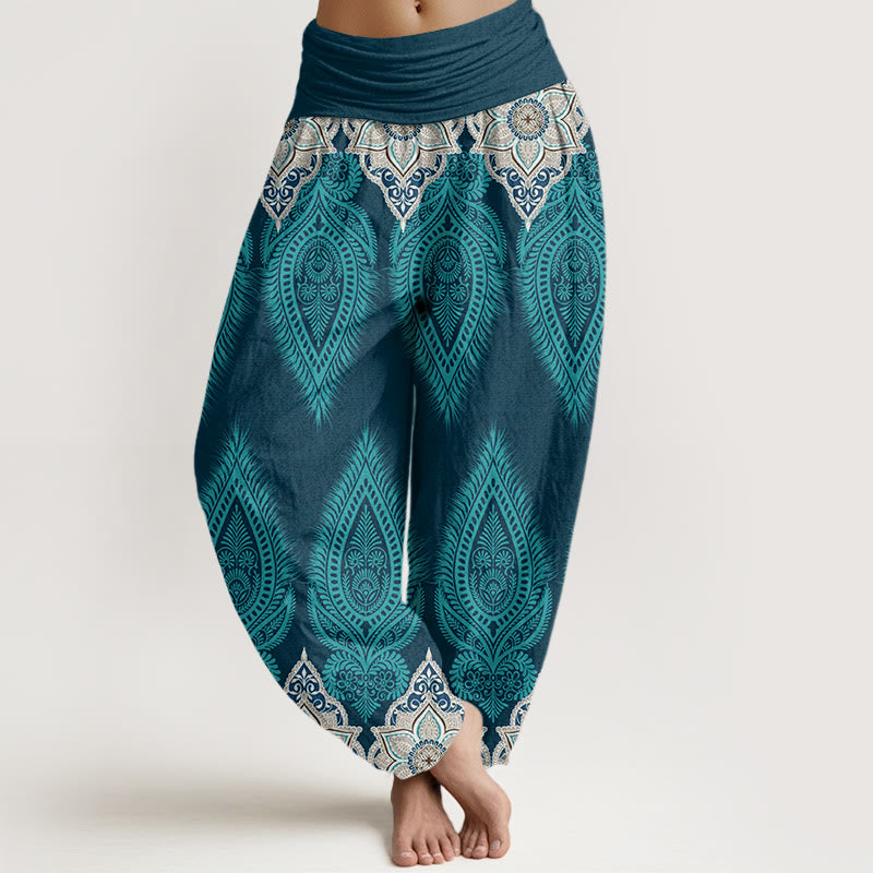 Casual Feather Flower Design Women's Elastic Waist Harem Pants