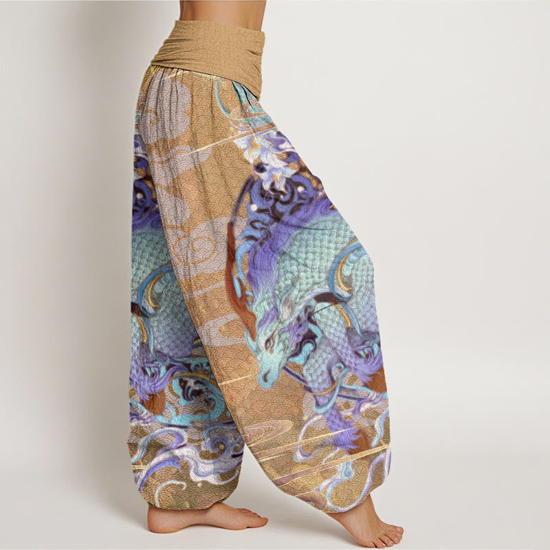Dragons Auspicious Clouds Pattern Women's Elastic Waist Harem Pants