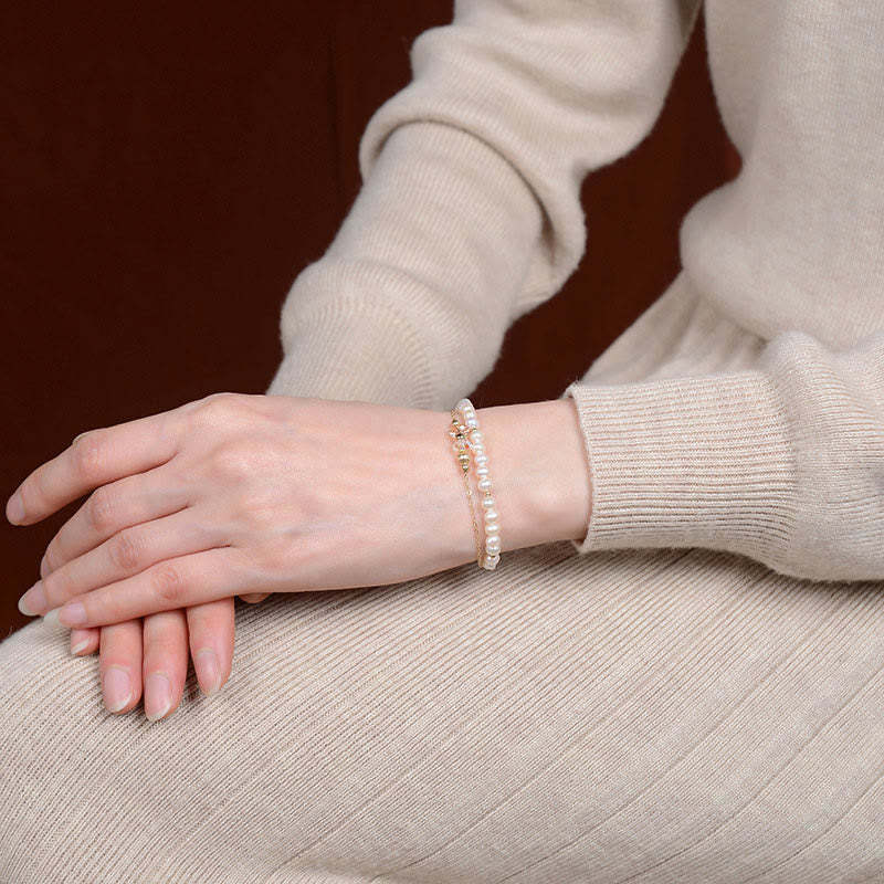 925 Sterling Silver 14K Gold Plated Natural Pearl Crystal Healing Double Layer Bracelet