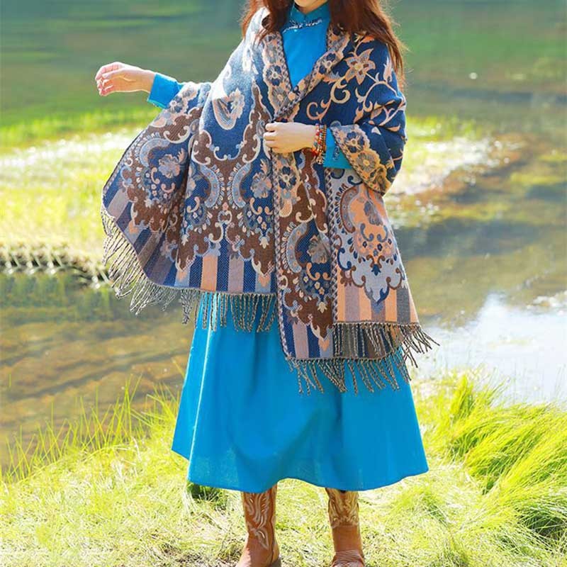 Tibetan Flowers Leaves Branch Design Tassel Shawl Cozy Travel Scarf Wrap