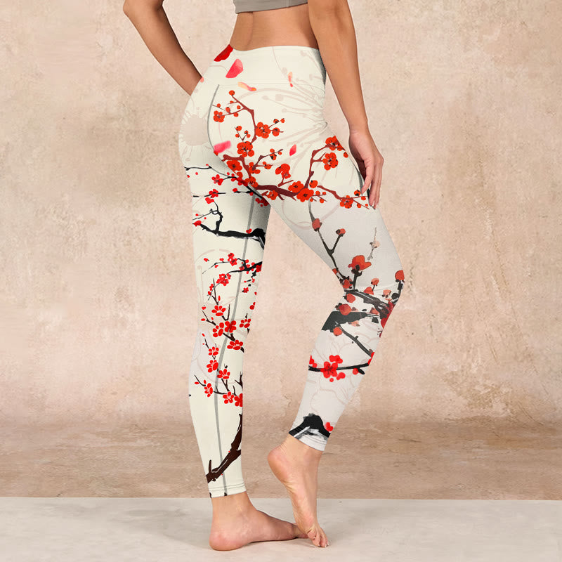 Blooming Red Plum Blossoms Print Gym Leggings Women's Yoga Pants