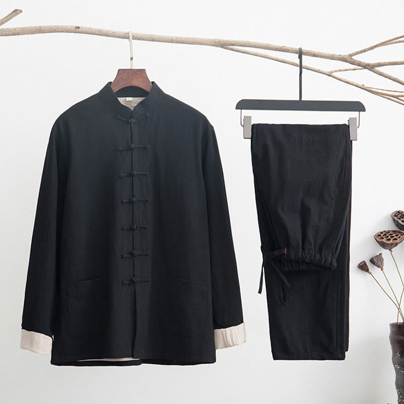 2Pcs Zen Tang Suit Men's Linen Frog-Button Long Sleeve Shirt Pants Set