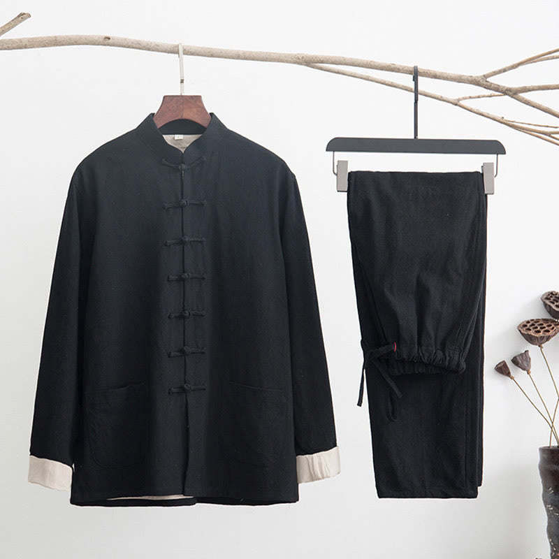 2Pcs Zen Tang Suit Men's Linen Frog-Button Long Sleeve Shirt Pants Set