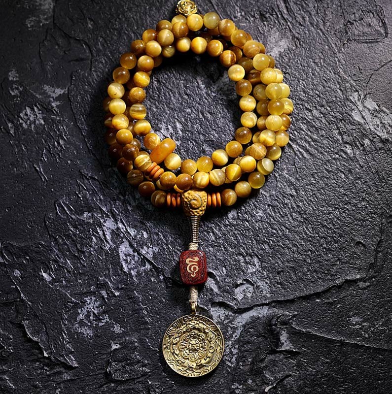 108 Mala Beads Natural Tiger Eye Copper Dorje Protection Tassel Bracelet