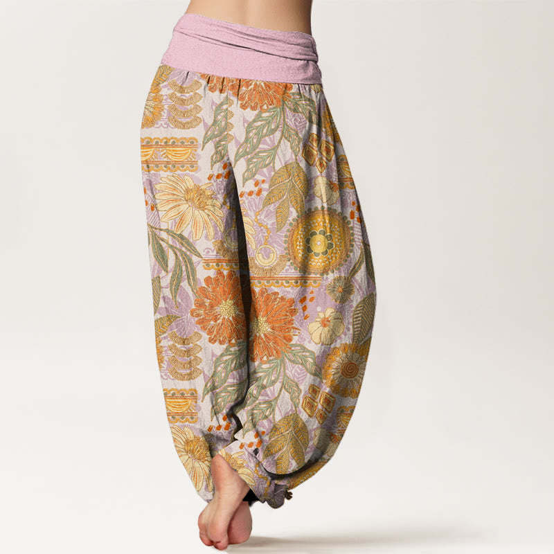 Sunflowers Round Floral Design Women's Elastic Waist Harem Pants