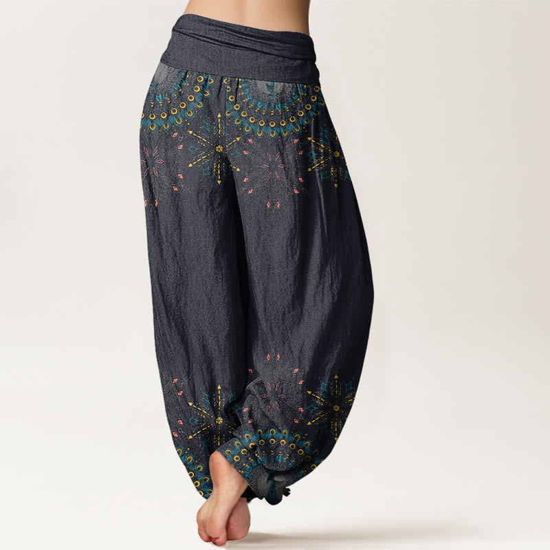 Peacocks Colorful Feathers Geometric Pattern Design Women's Elastic Waist Harem Pants