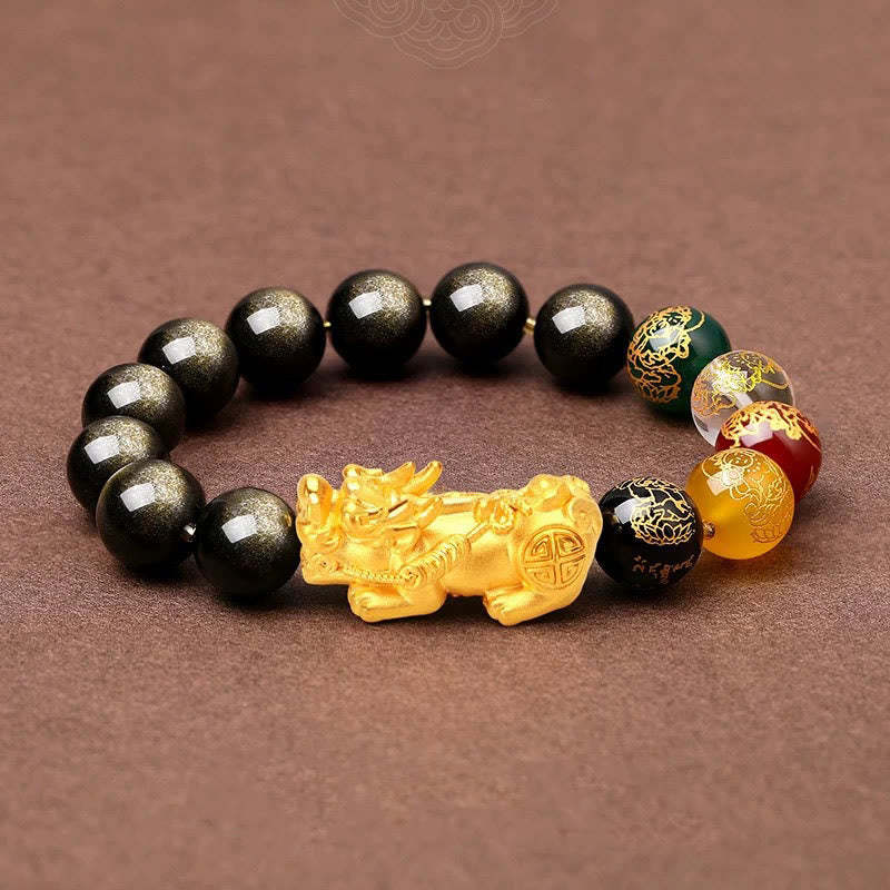 Natural Gold Sheen Obsidian PiXiu Five Directions Gods of Wealth Protection Bracelet