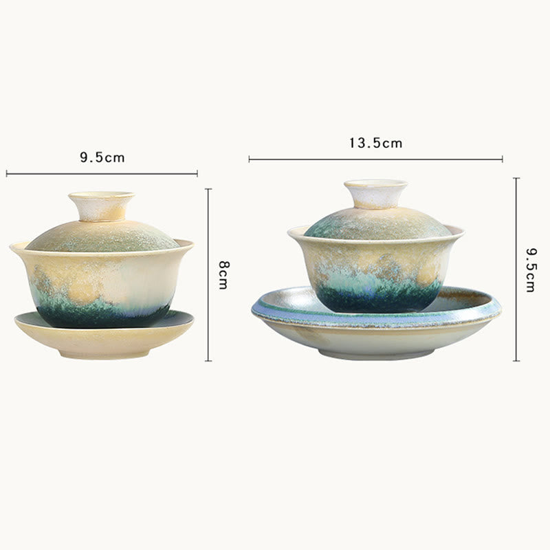 Green Ocean Waves Design Porcelain Ceramic Gaiwan Sancai Teacup Kung Fu Tea Cup And Saucer With Lid