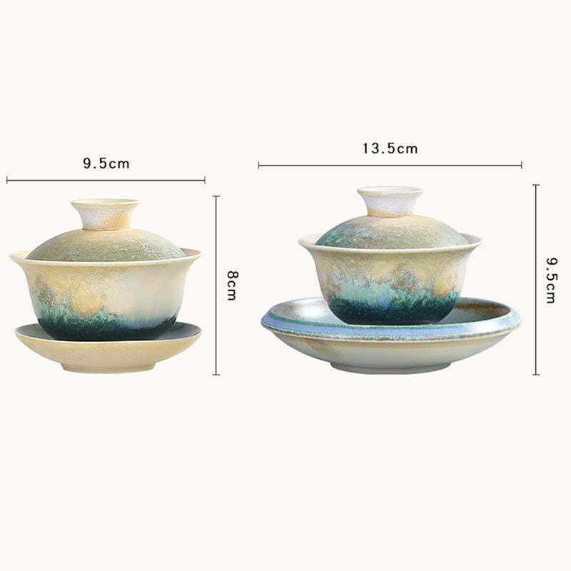 Green Ocean Waves Design Porcelain Ceramic Gaiwan Sancai Teacup Kung Fu Tea Cup And Saucer With Lid