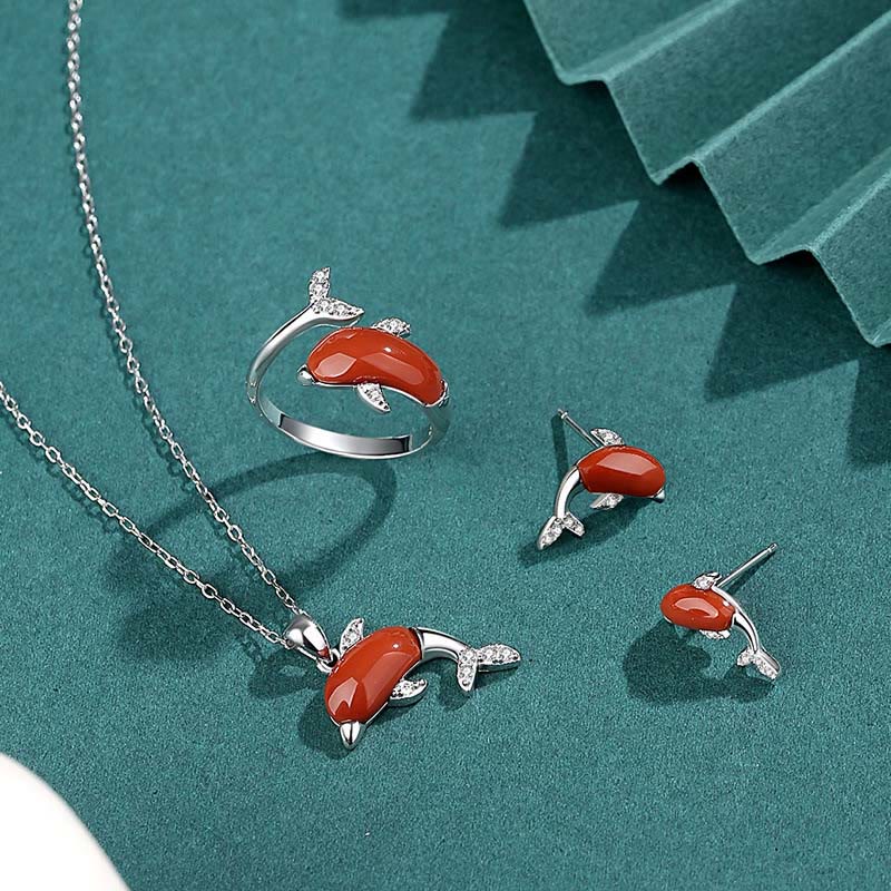 925 Sterling Silver Cute Dolphin Hetian Jade Red Agate Luck Necklace Pendant Ring Earrings Set