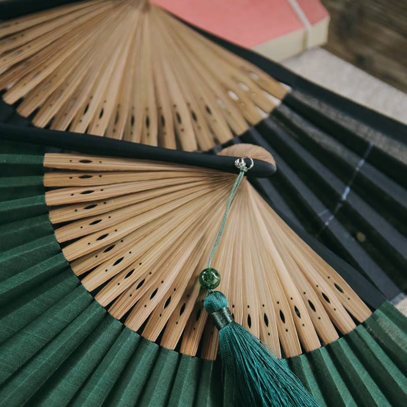 Firefly Bamboo Leaves Pattern Tassels Handheld Bamboo Folding Fan