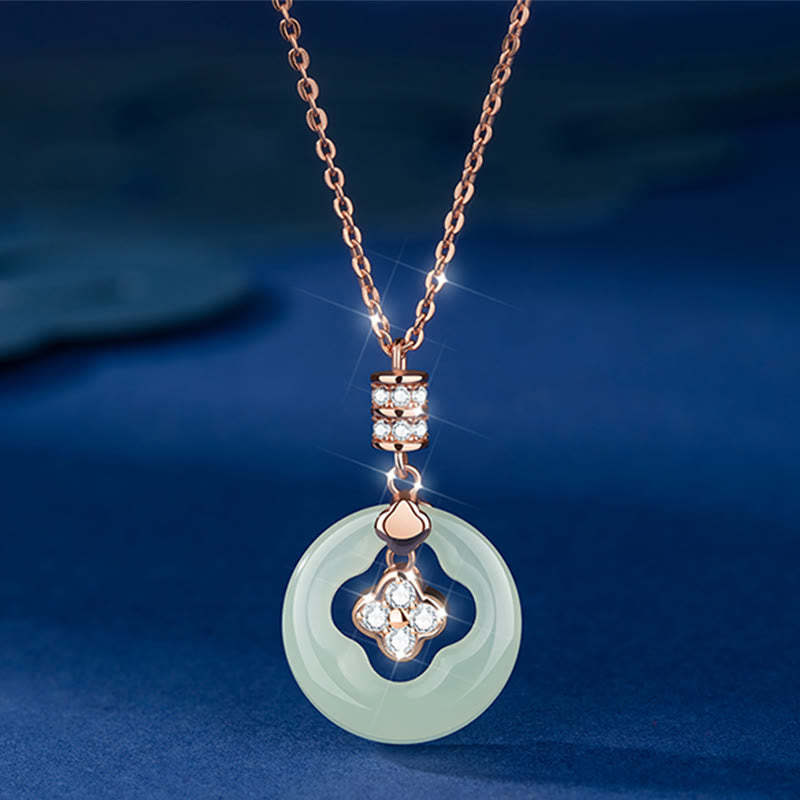 925 Sterling Silver Natural Hetian Jade Lucky Four Leaf Clover Zircon Necklace Pendant With Gift Box