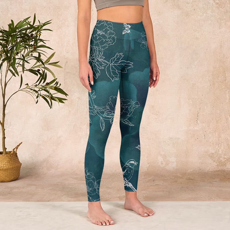 Peony Flower Magpie Butterfly Print Gym Fitness Leggings Women's Yoga Pants