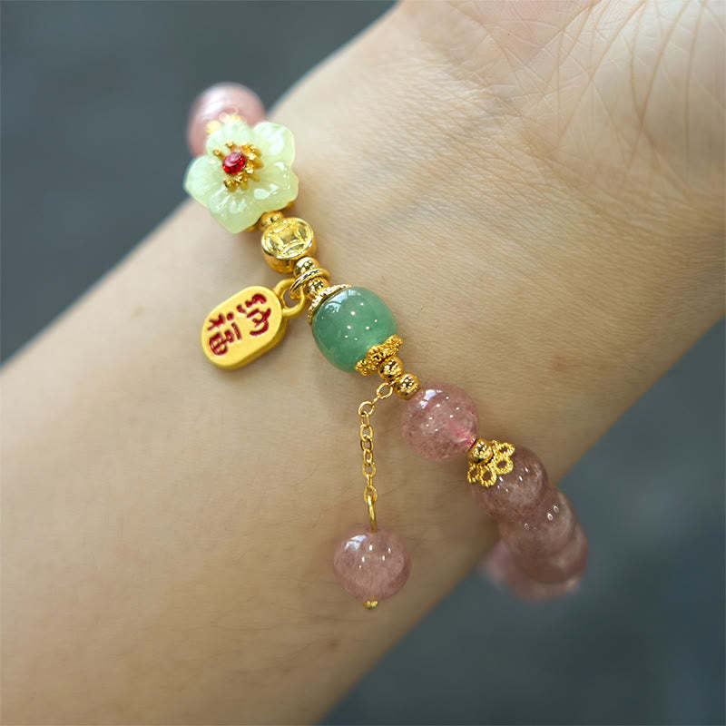 Natural Strawberry Quartz Blossom Fu Character Positivity Healing Bracelet