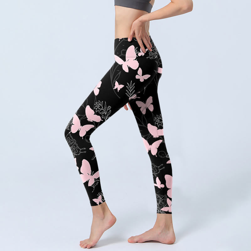 Black Butterfly Plant Lines Pattern Print Gym Leggings Women's Yoga Pants