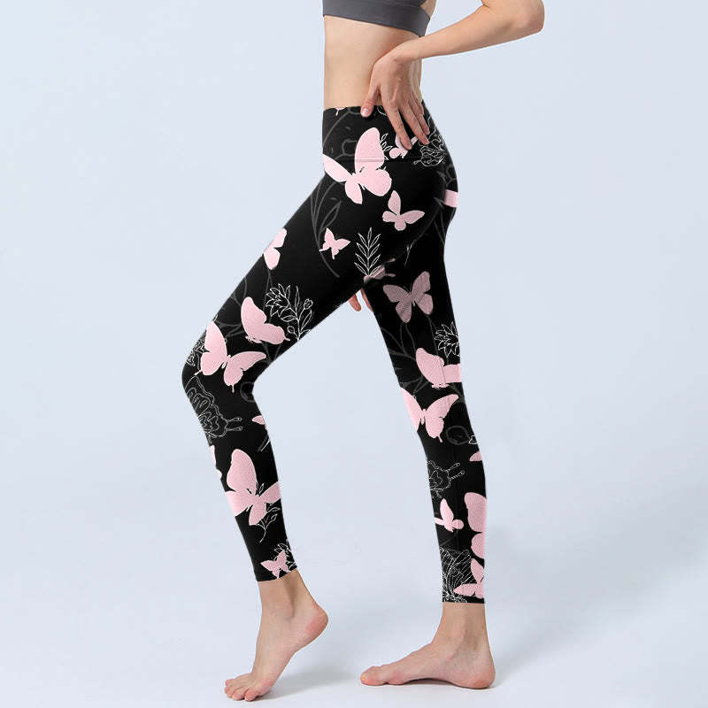 Black Butterfly Plant Lines Pattern Print Gym Leggings Women's Yoga Pants