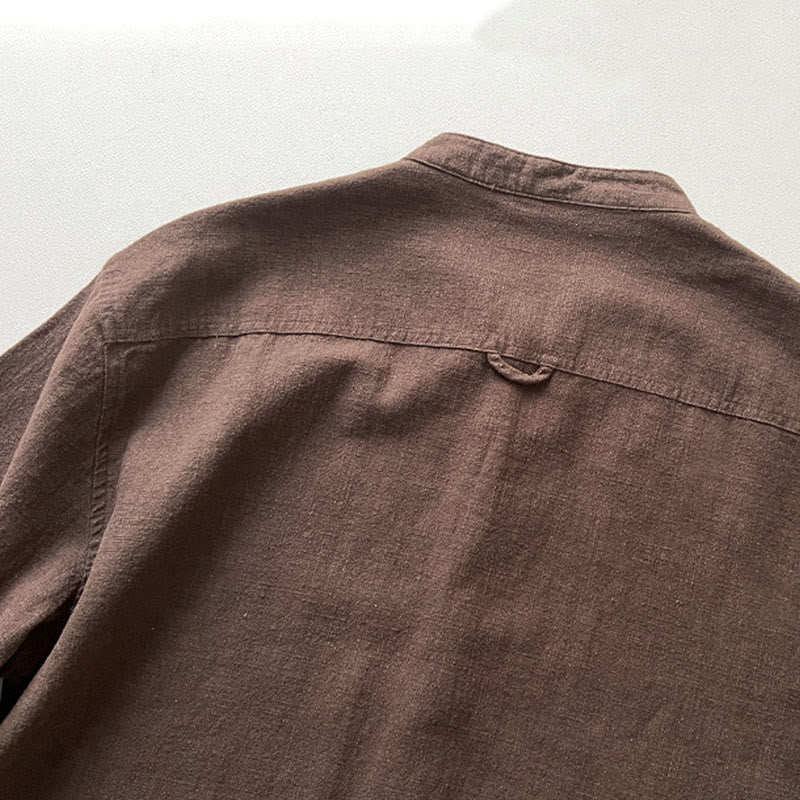 Casual Solid Color Ramie Linen Cotton Men's Shirt With Pockets