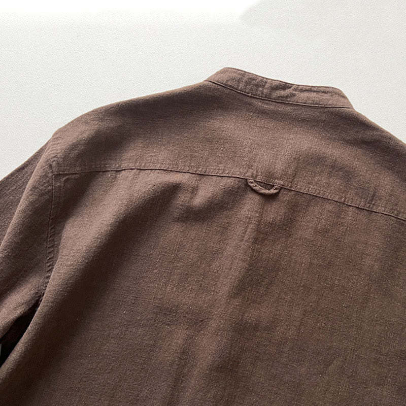Casual Solid Color Ramie Linen Cotton Men's Shirt With Pockets