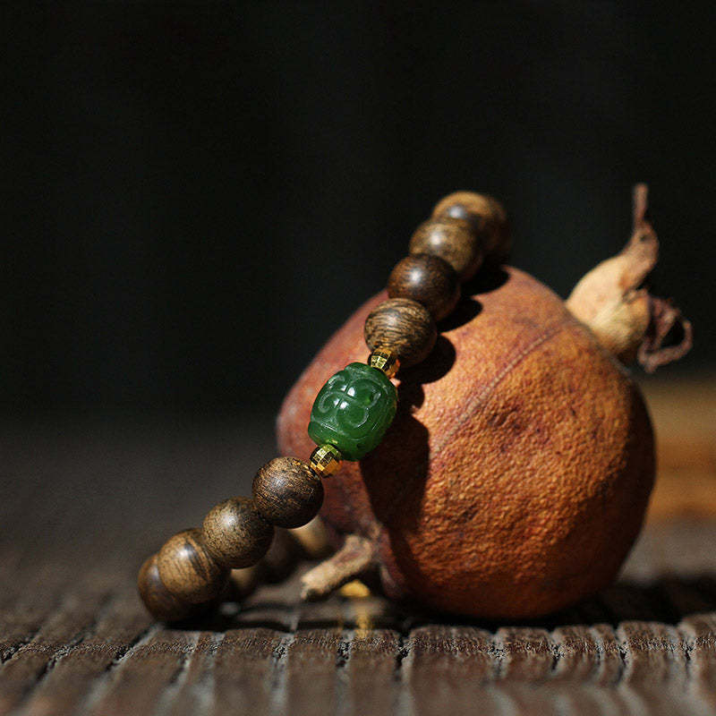 999 Gold Brunei Agarwood Cyan Jade Lotus Flower Peace Strength Bracelet
