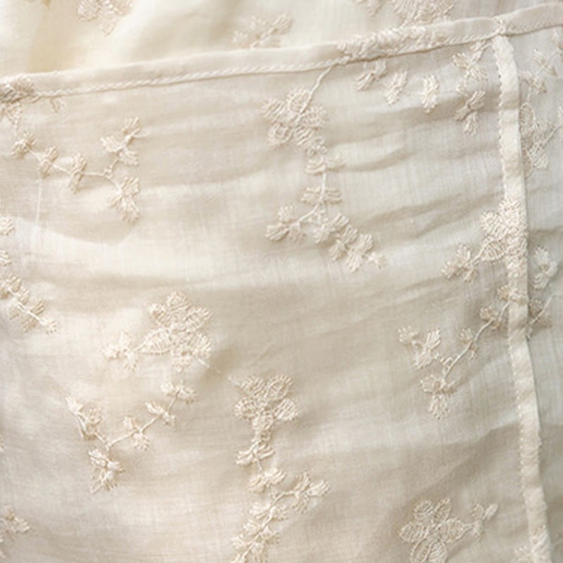 Casual Embroidered Slant Collar Stand Collar Half Sleeve Design Ramie Midi Dress With Pockets