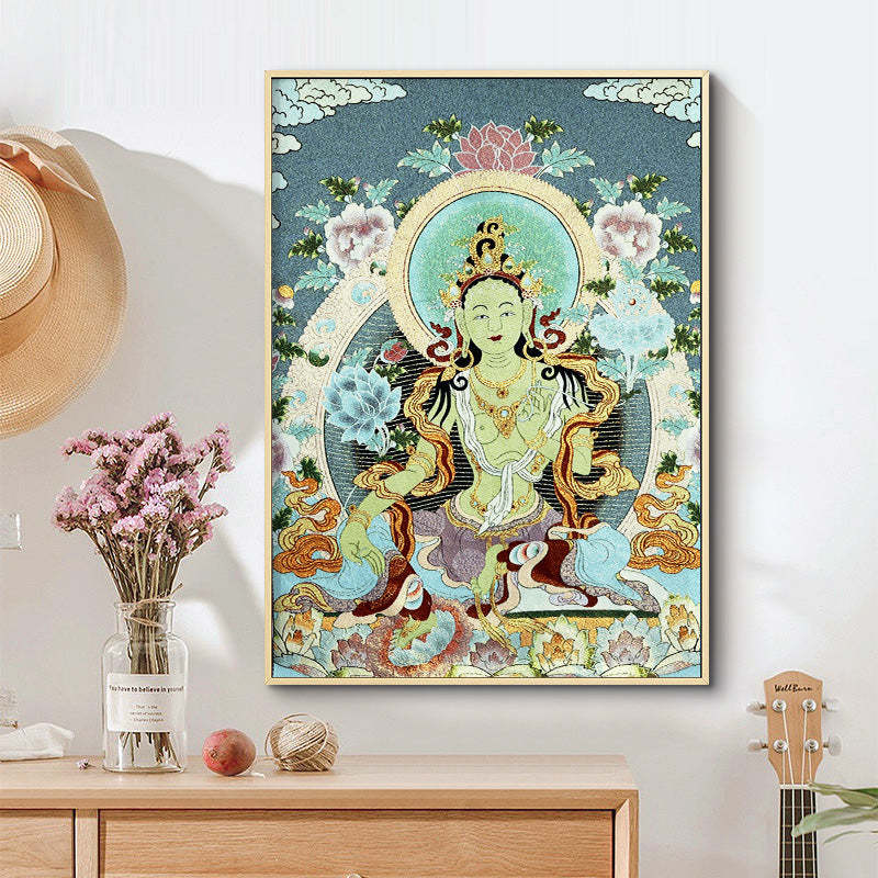 Tibetan Embroidery White Tara Thangka Tapestry Wall Hanging Wall Art Meditation for Home Decor