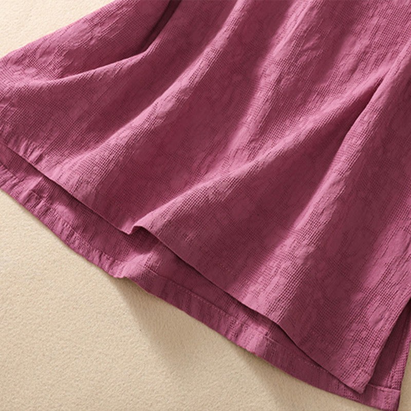 Plum Blossom Embroidery Frog-Button Short Sleeve Cotton Linen Shirt