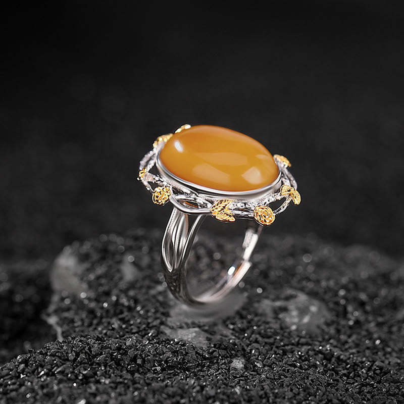 990 Sterling Silver Plated Gold Amber Focus Adjustable Ring