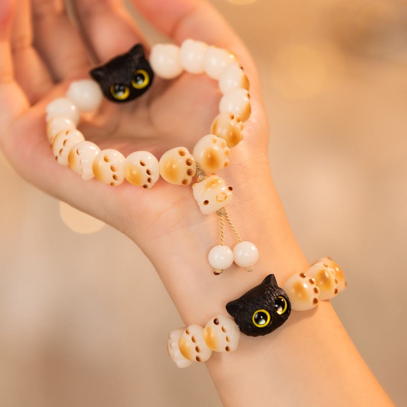 Natural Bodhi Seed Red Sandalwood Lovely Paw Lucky Cat Peace Bracelet
