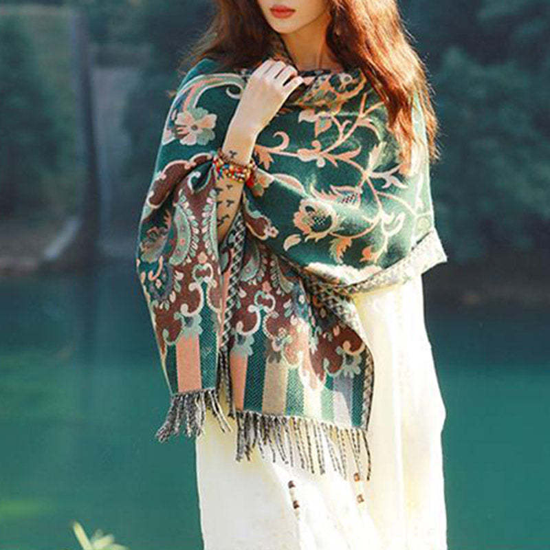 Tibetan Flowers Leaves Branch Design Tassel Shawl Cozy Travel Scarf Wrap
