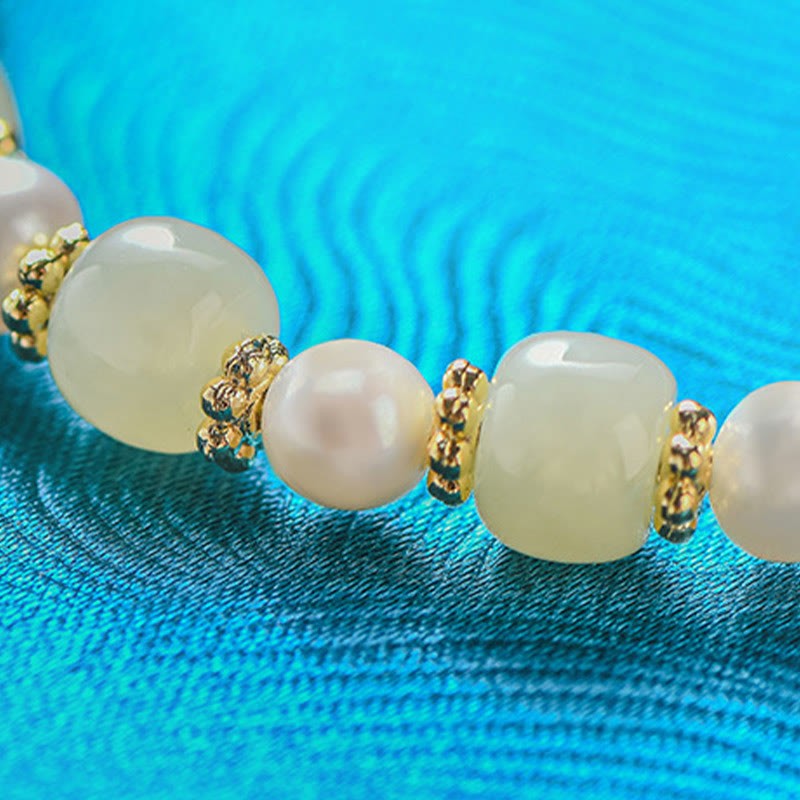 Hetian Jade Pearl Alloy Four Leaf Clover Pendent Abundance Bracelet