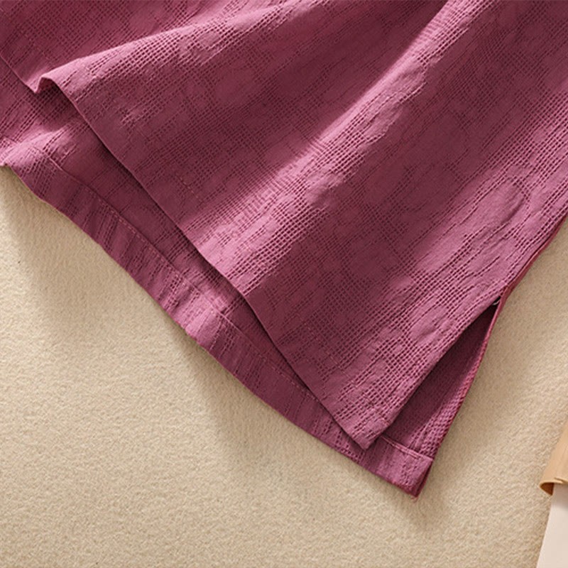 Plum Blossom Embroidery Frog-Button Short Sleeve Cotton Linen Shirt