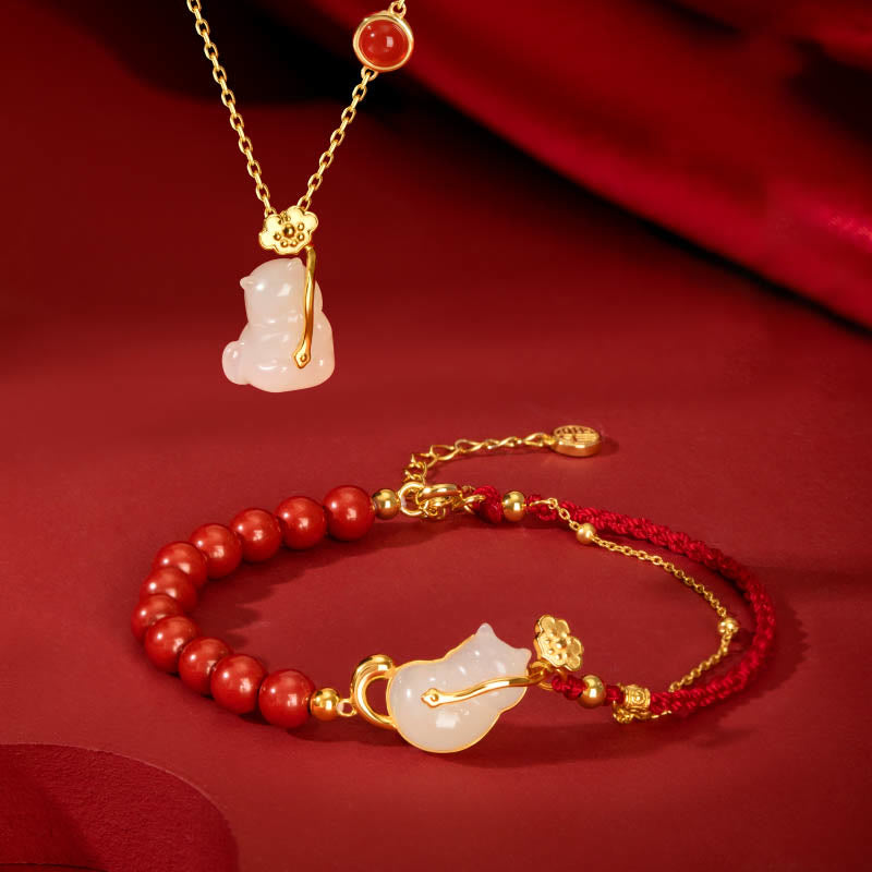925 Sterling Silver Plated 18K Gold Hetian Jade Ruyi Cat Cinnabar Luck Bracelet Necklace Pendant Set