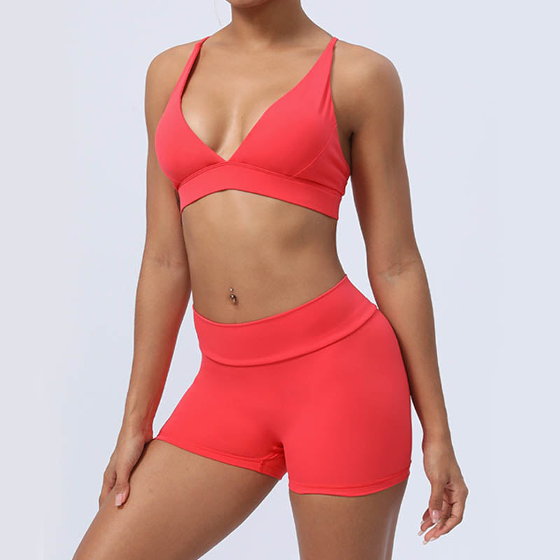 2Pcs Backless Criss-Cross Strap Design Top Bra Shorts Leggings Pants Fitness Yoga Outfit Set