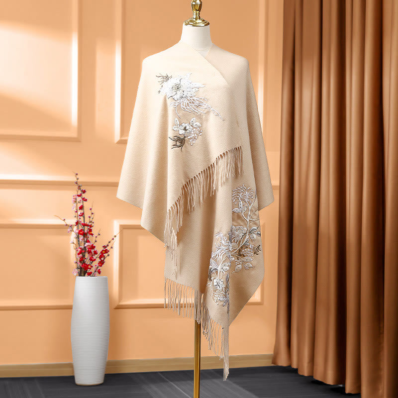 Wool Shawl White Orange Flower Embroidery Tassel Winter Cozy Travel Scarf Wrap