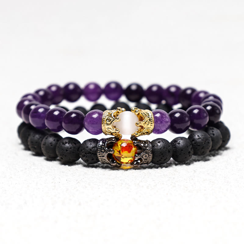 Natural Stone King&Queen Crown Healing Energy Beads Couple Bracelet