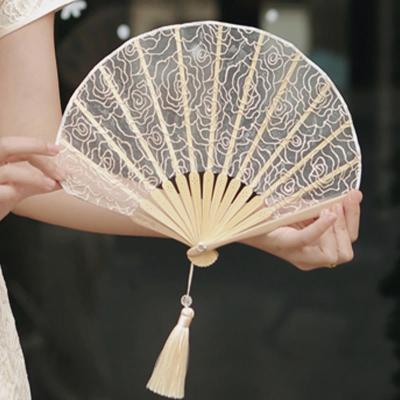 Rose Embroidery Lace Shell Shape Tassels Handheld Bamboo Folding Fan