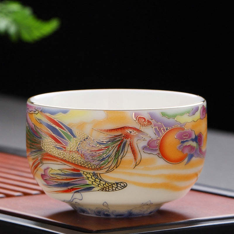 Dragon Phoenix Auspicious Clouds Sun Ocean Waves Ceramic Teacup Kung Fu Tea Cup