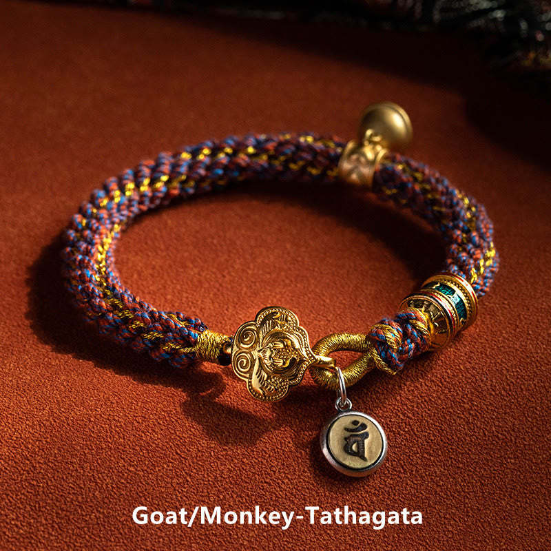 925 Sterling Silver Chinese Zodiac Natal mystic zen Om Mani Padme Hum Luck Bell Braided String Bracelet