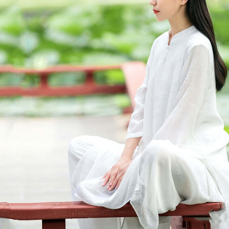 2Pcs White Tai Chi Meditation Yoga Zen Cotton Linen Clothing Top Pants Women's Set