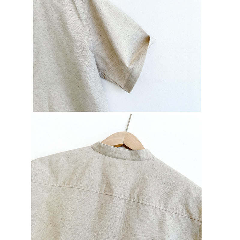 Solid Color Men Short Sleeve Button Linen Shirt