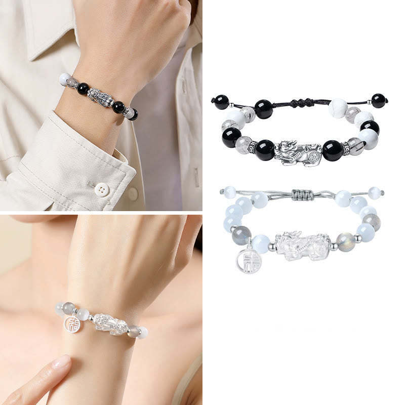 Pi Xiu Six True Words 999 Sterling Silver Black Obsidian White Turquoise Chrysoberyl Luck Bracelet