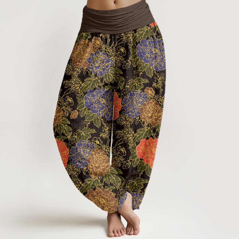 Peony Flowers Leaves Design Women's Elastic Waist Harem Pants