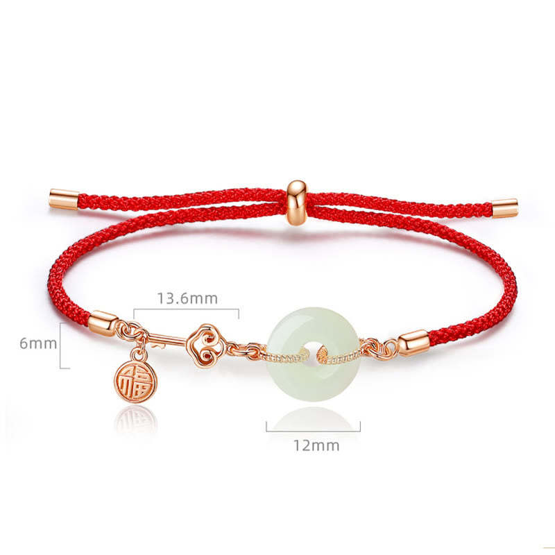 Natural Hetian Jade Peace Buckle 925 Sterling Silver Red String Fu Character Protection Luck Bracelet