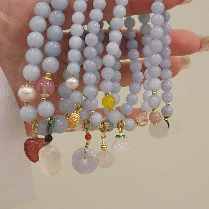 Natural Aquamarine Chalcedony Serenity Rabbit Gourd Cat Charm Bracelet