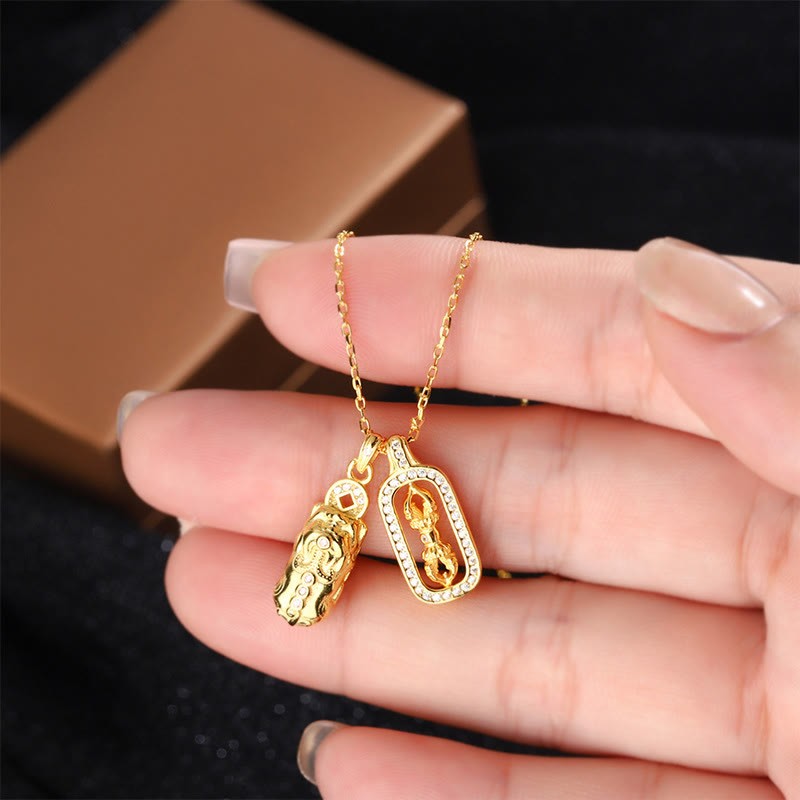 999 Sterling Silver Golden Pixiu Copper Coin Vajra Wealth Necklace Pendant