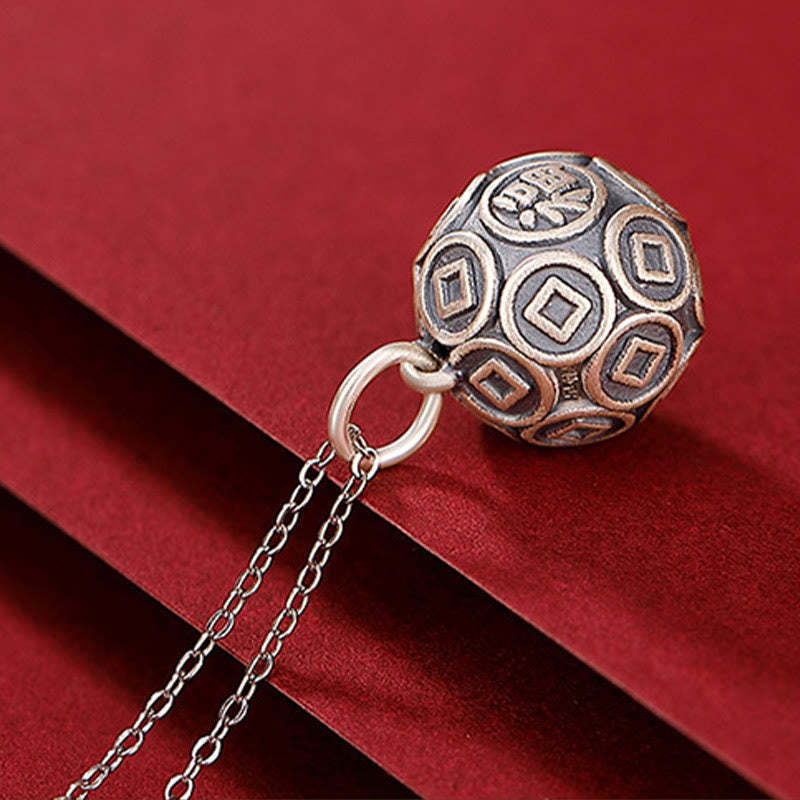 990 Sterling Silver Fu Character Copper Coin Luck Fortune Chain Necklace Pendant